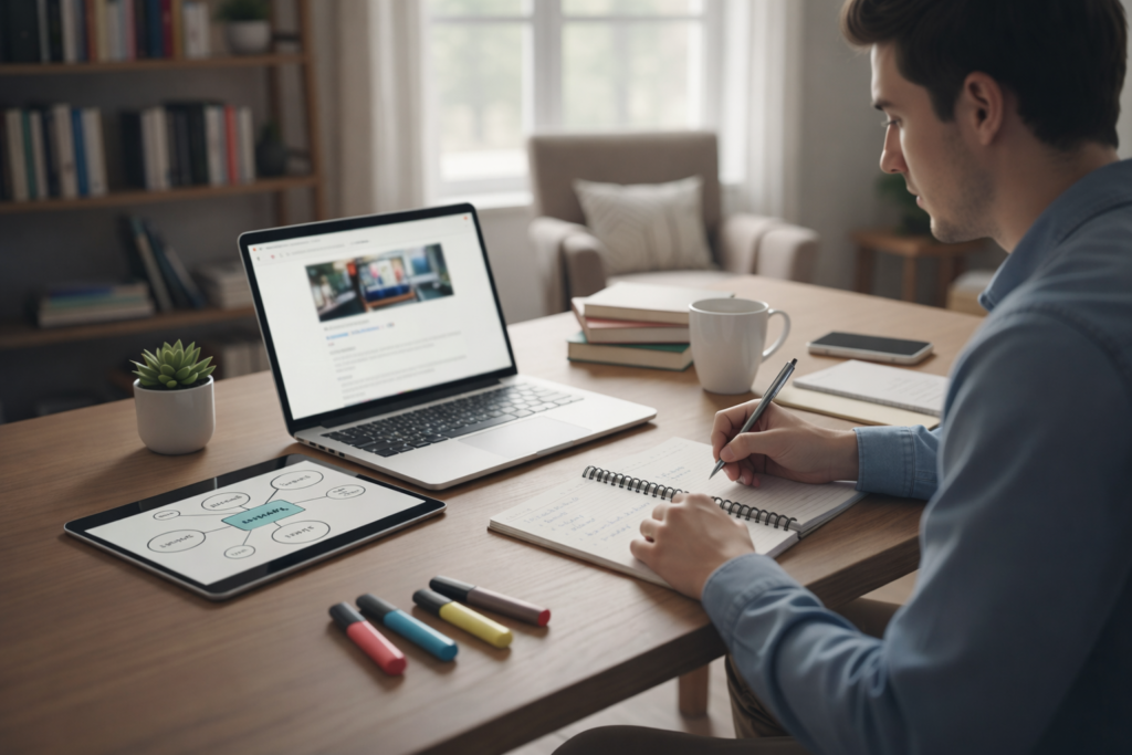 College student writing an online discussion post